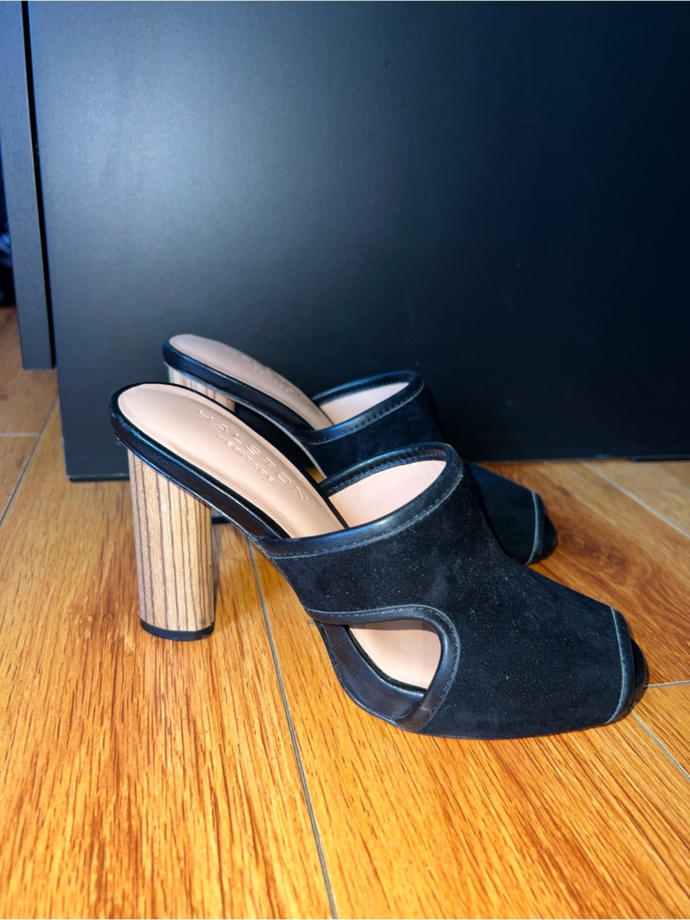 Halston Heritage Black Suede Open-Side Block Heel Mules with Wood-Look Heel
